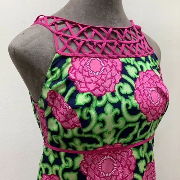 Lilly Pulitzer pink green lattice, floral sleeveless silk dress size small - Picture 2 of 10
